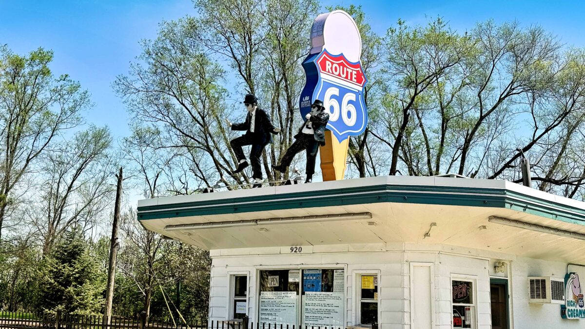 The Blues Brothers on Route 66 dance atop a Joliet, Illinois diner on Route 66, by Jefferson Graham for the PhotowalksTV series