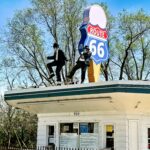 The Blues Brothers on Route 66 dance atop a Joliet, Illinois diner on Route 66, by Jefferson Graham for the PhotowalksTV series