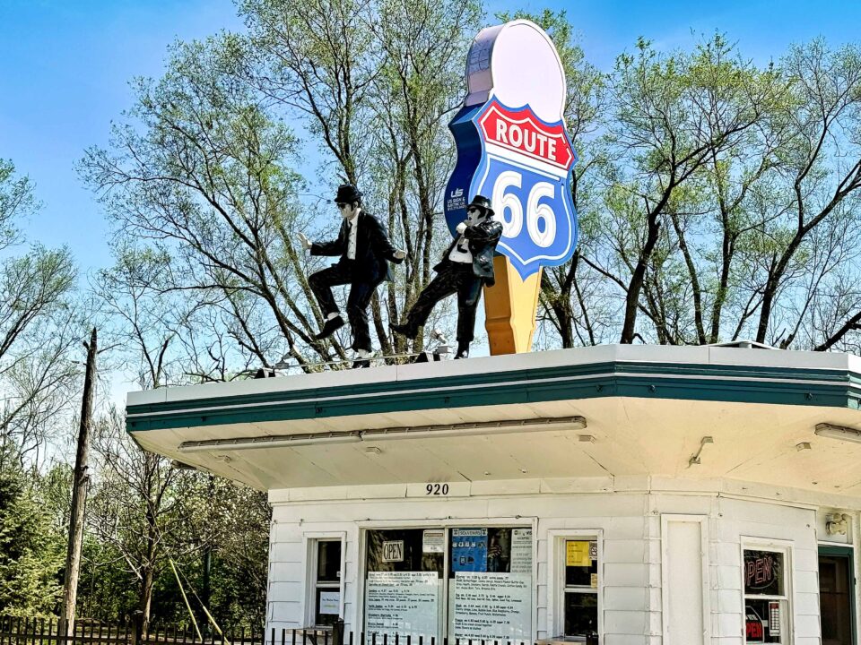The Blues Brothers on Route 66 dance atop a Joliet, Illinois diner on Route 66, by Jefferson Graham for the PhotowalksTV series