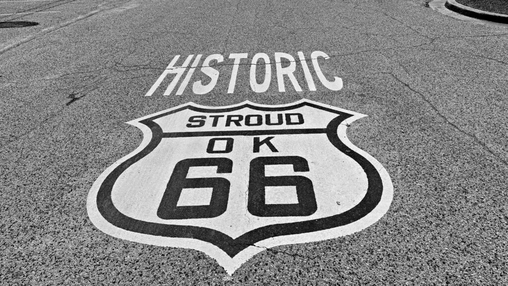 The Historic Route 66 road shield in Stroud, Oklahoma