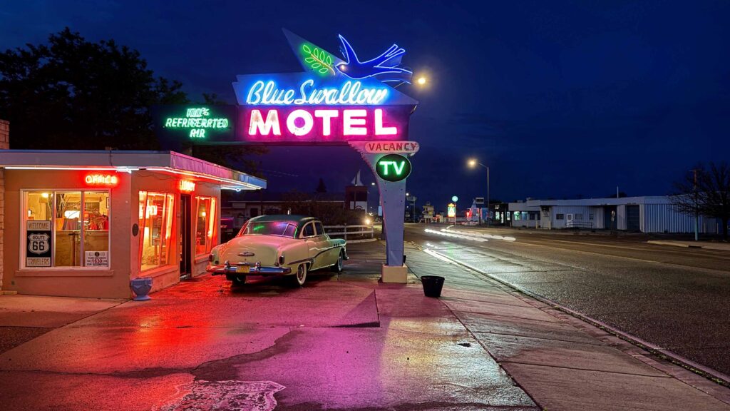The Blue Swallow Motel of Tucumcari, NM and its classic Route 66 neon, by Jefferson Graham for the PhotowalksTV series